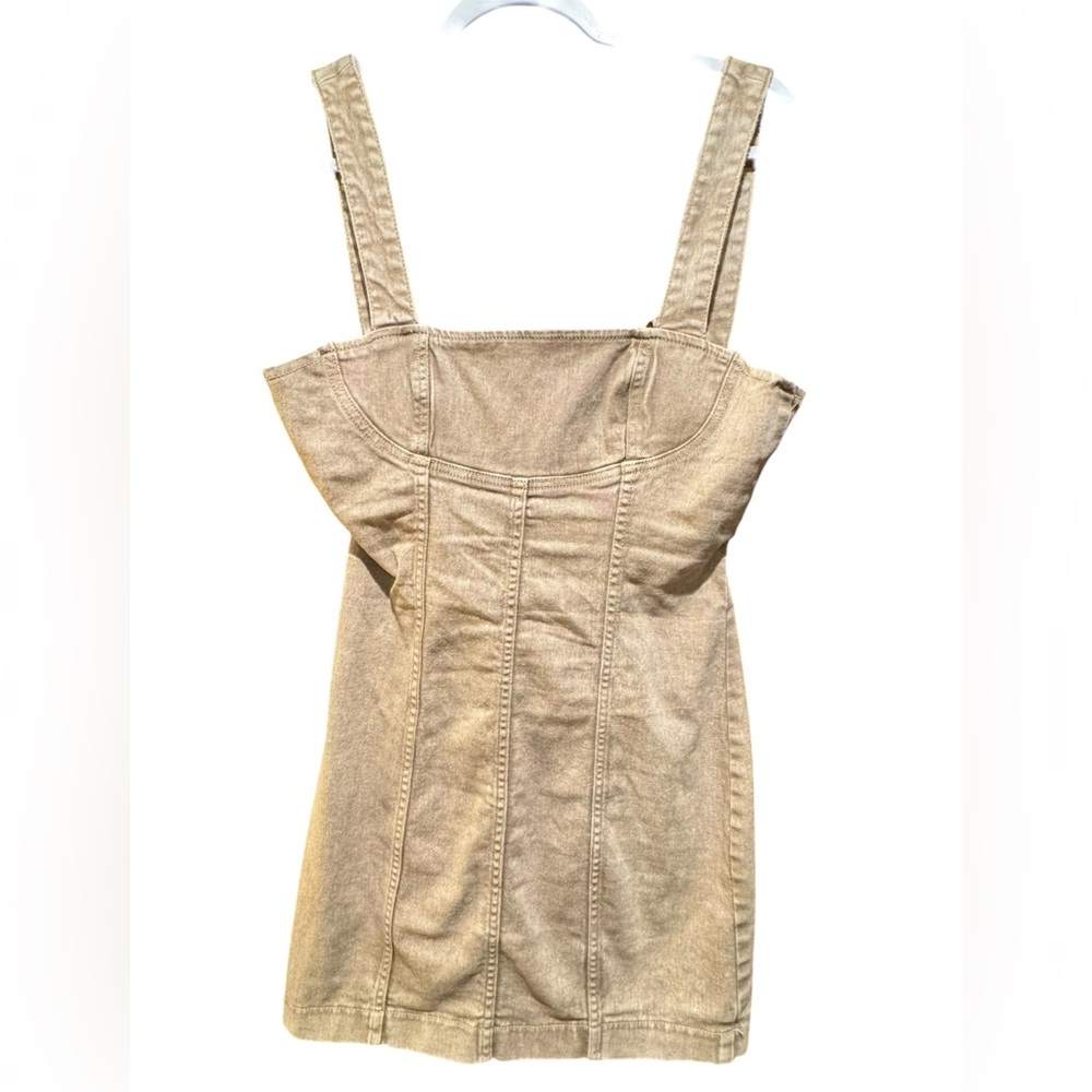 Beige Denim Mini Pinafore Dress with Open Back with Buckle
